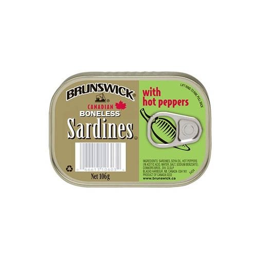 BRUNSWICK SARDINES BONELESS WITH HOT PEPPERS 106G