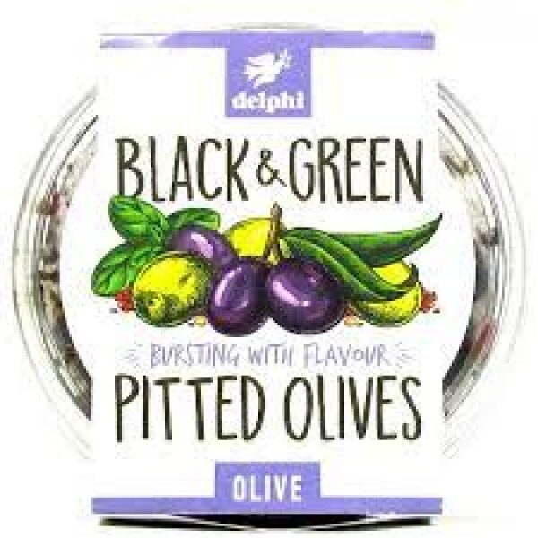 DELPHI BLACK & GREEN PITTED OLIVES 240G